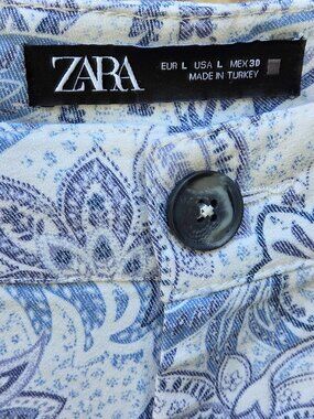 Zara Women Pants L Blue & White Paisley Print Ankle Slim Fit Boho Chic
